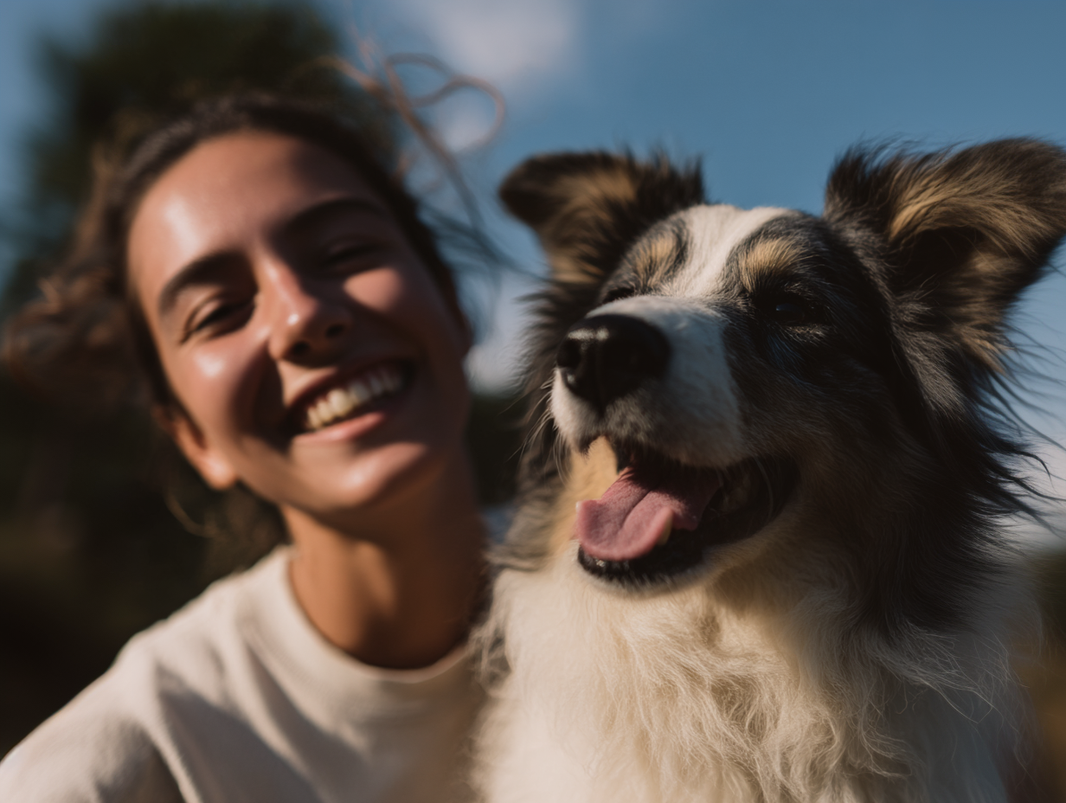 Happy woman and happy dog in nature
