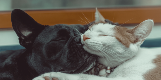 Cat and dog cuddling.