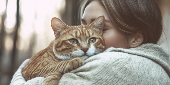 The image showcases a macro of a person cuddling a cat, enveloped in an embrace.