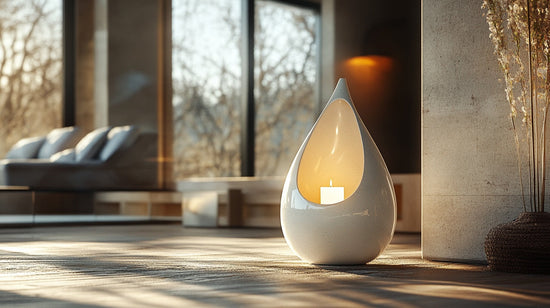 White ceramic urn for dog ashes which also holds a candle.