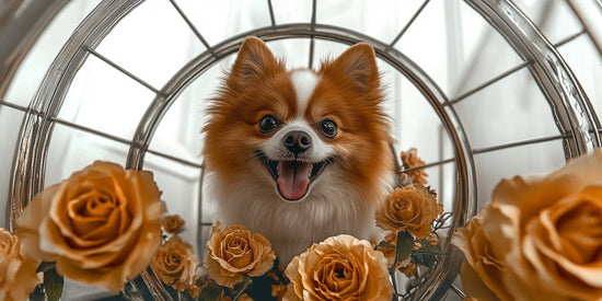 Small dog surrounded by flowers