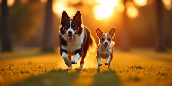 Pet urns, happy dogs running.