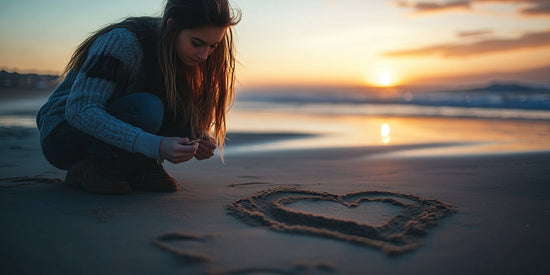 Pet cremation guide: Person draws heart on the sand on a beach. 