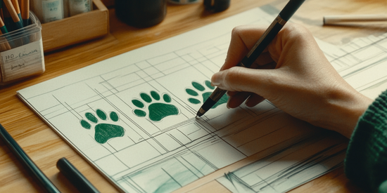 A person is drawing green paw prints on white paper with a pencil, creating an artistic and creative design for pet accessories or  in the studio.