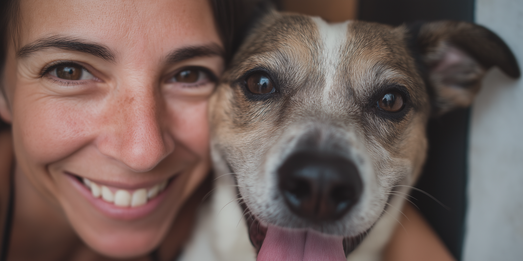 Marie and dog Sams close up